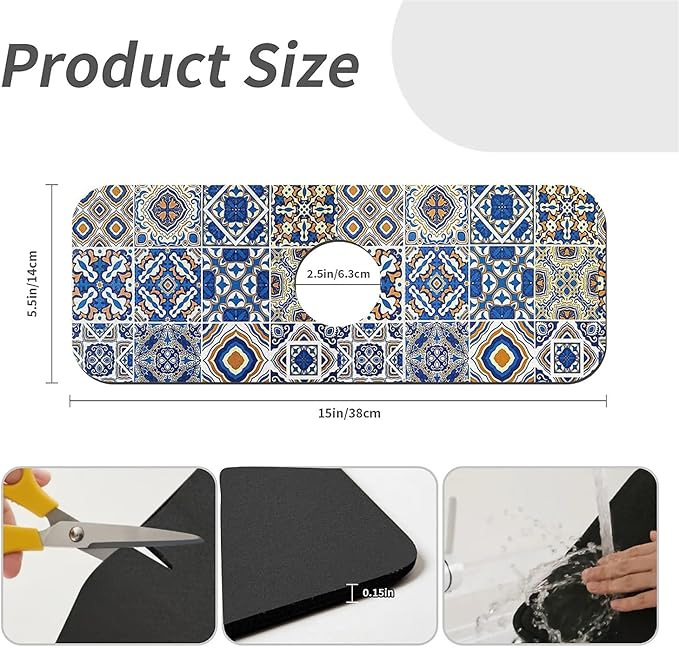 Kitchen Sink Splash Guard，Traditional Moroccan tiles Faucet Mat Sink Gadgets-Super Absorbent Fast Drying Mat Drip Catcher for Kitchen, Bathroom,Sink Mat, Dish Drying Mat, Bathroom(15" X 5.5" )