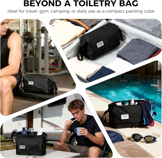 SINLAND Travel Toiletry Bag Water-resistant with Hanging Hook for Men Large Packing with Waterproof Wet/Dry Compartment Travel Shower Bags Travel Toiletry Organizer Dopp Kit Shaving Bag