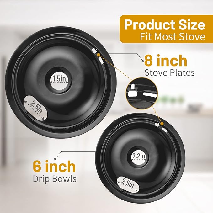 4 Pack Black Drip Pans, Compatible with Whirpool Kenmore Frigirate Stove Top Drip Bowls. Include 2 Pcs 6'' Range Replacement Drip Pans and 2 Pcs 8 '' Cooktop Drip Pans