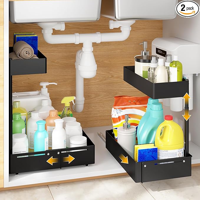 2 Packs Under Sink Organizer with Adjustable Height and Width, Under Cabinet Organizer to Tidy, Sturdy Metal Design for Kitchen and Bathroom