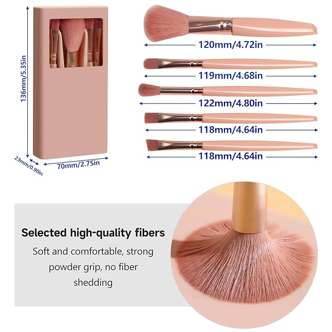 Travel Brush Set, Portable 5 PCS Mini Makeup Brushes with Mirror, Easy-taken Makeup Tool Set for Eyeshadow, Contour, Blush, Complete Function Cosmetic Profesional Tools (Brown)
