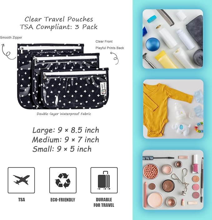 TSA Approved Toiletry Bag, Set of 3 Clear Travel Toiletry Bag Quart Size Zipper Travel Pouch, Waterproof Makeup Cosmetic Bag for Women Men Kids Toiletries Carry on, Plus