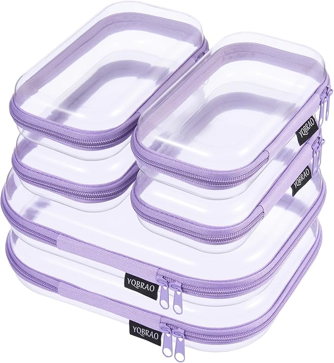 6 Pack Clear Hard Shell Zipper Case, Hard Plastic Organizer Pouches for Travel, Small Items, Makeup, Electronics & Art Supplies - Crush-Resistant & Waterproof Storage (Purple)