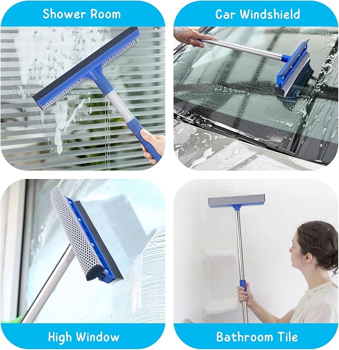 Window Squeegee for Home, 56'' Long Handle Shower Door Cleaner Tool, 2-in-1 Glass Scrubber for Car Windshield Cleaning