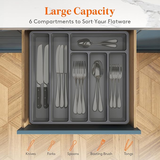 Lifewit Silverware Organizer with Lid, Covered Utensil Tray for Kitchen Drawer and Countertop, Plastic Cutlery and Flatware Storage Box for Spoons Forks Knives Holder Case, 6 Compartments, Gray