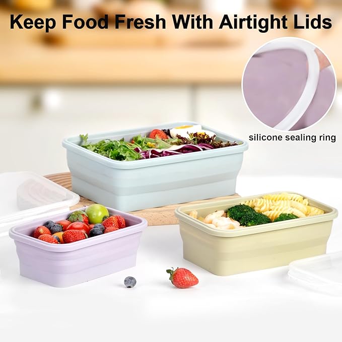 Large Collapsible Food Containers with Lids for Camping & Travel | Leak-Proof Silicone Storage Bowls, 2000ml/1200ml/800ml, Dishwasher, Microwave Freezer Safe, Set of 3