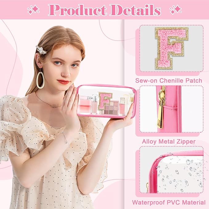 Personalized Initial Letter Clear Makeup Bag, Preppy Small Nylon & PVC Cosmetic Zipper Bag with Chenille Letter, Portable Beach Travel Skincare Toiletry Bag, Trendy Monogram Gift for Teen Girls Women, F
