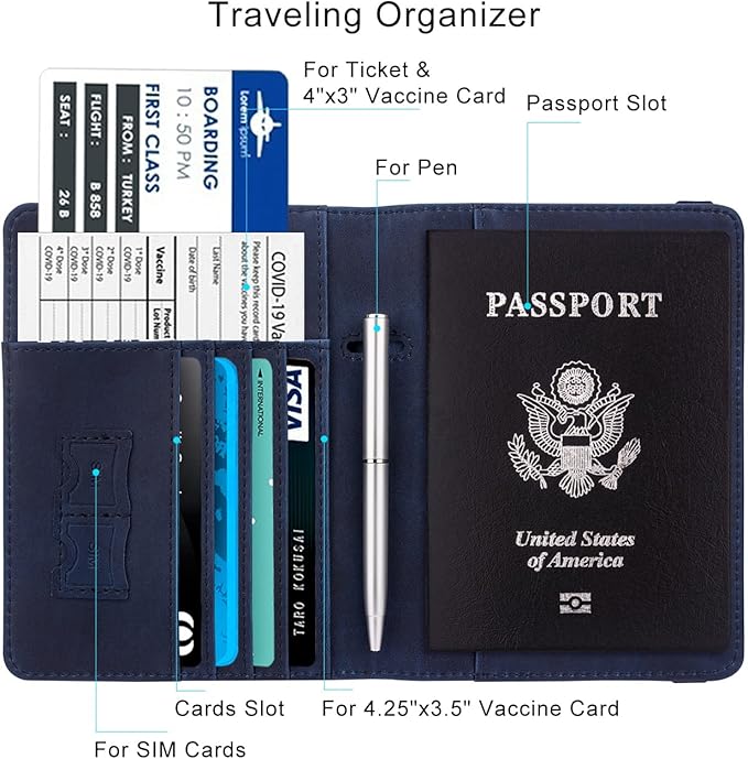 WALNEW Passport Holder for Travel, RFID Passport Cover Wallet for Women Men, PU Leather Passport Book Card Holder Case with Pen, Travelling Essentials for Flying