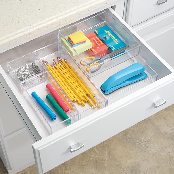 mDesign Plastic Square Desk Organizer - Create Section for Home Office Drawers, Desktop - Holds Pens, Paper Clips, Notebooks and Other Office Supply Accessory - Lumiere Collection - 12 Pack, Clear