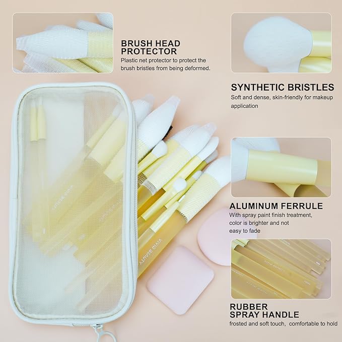 Yellow Make up Brush Set – 18PCS Makeup Brushes for Powder, Foundation, Eyeshadow – With Rubber Coated Handles, Painted Aluminum Ferrules, Travel Bag & 2 Makeup Sponges– For Women & Beginners