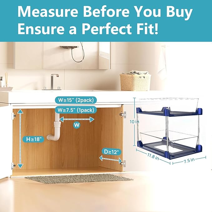 2 Pack 2 Tire Under Sink Organizer, Bathroom Organizers and Storage,Cabinet Drawers Bins, Pull-Out Organization with Track for Pantry, Kitchen,Fridge,Vanity Countertop (blue