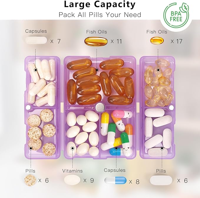 FYY Daily Pill Organizer, 7 Compartments Portable Pill Case Travel Pill Organizer,[Folding Design] Pill Box for Purse Pocket to Hold Vitamins,Cod Liver Oil,Supplements and Medication-Clear Purple