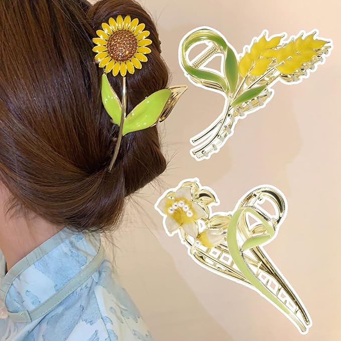 3-Piece Floral Metal Hair Clips, Sunflower Lily Wheat Designs for Thin/Medium Thick Hair, Elegant Barrettes With Strong Hold Non-Slip Clamps, Cute Catch Accessories