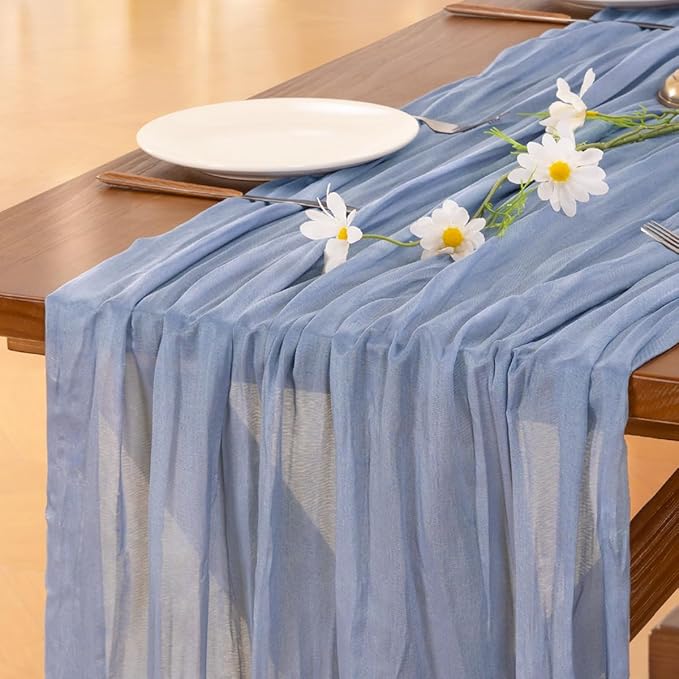 Socomi 15pcs Dusty Blue Summer Cheesecloth Table Runner Boho Rustic Gauze 120 inch 10FT Cheese Cloth Sheer Runner for Wedding Party Baby Shower Birthday Home Decor Holiday Decorations