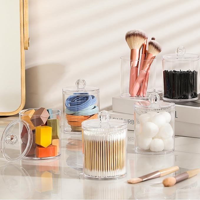 4 Pack Acrylic Qtip Holder Dispenser for Cotton Swabs, Balls, Pads, Floss Picks- Small Clear Acrylic Canister Apothecary Jar Set, Bathroom Essentials Accessories Decor, Vanity Makeup Storage Organizer