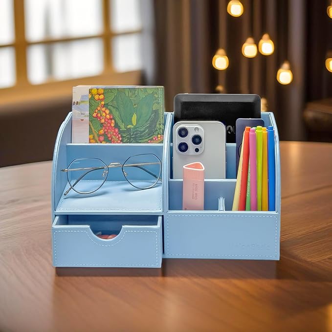 UnionBasic Desk Organizer - Multifunctional Leather Desktop Pen Holder Storage Box - Business Card/Pen/Pencil/Mobile Phone/Stationery Holder, Blue
