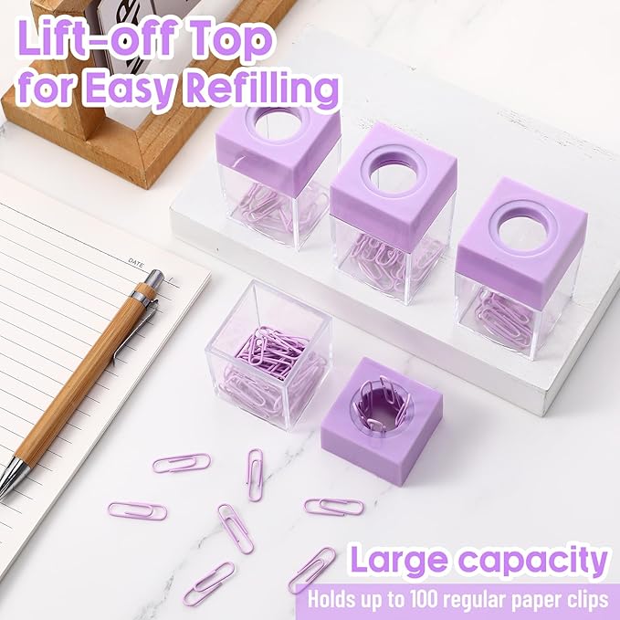 Outus 4 Pieces Magnetic Paper Clip Dispenser Holder Paperclip Dispenser for Desk, School, Office (Purple)
