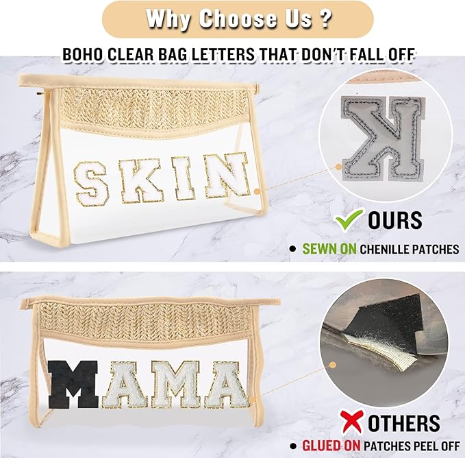 Clear Makeup Letter Patch Makeup Bag SKIN Pouch, Boho Clear Toiletry Bags Travel Small Cute Stadium Chenille Letter Cosmetic Zipper Pouch Purse, Women Transparent Waterproof Makeup Organizer Bag (SKIN)