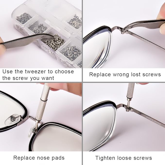 1100Pcs Eyeglasses Repair Kit, Tiny Sunglasses Screws, Glasses Screws and 5 Pairs Nose Pads with Micro Screwdriver Tweezer for Watch Clock Spectacle Eye Glass Repair