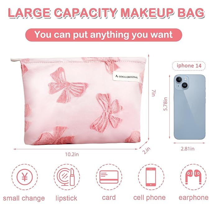 ZLFSRQ Bow Makeup Bag Travel Cute Bow Embossed Cosmetic Bag for Women Small Pink Bow Makeup Zipper Portable Storage Toiletry Pouch for Purse Aesthetic Christmas Essential Cosmetic Organizer