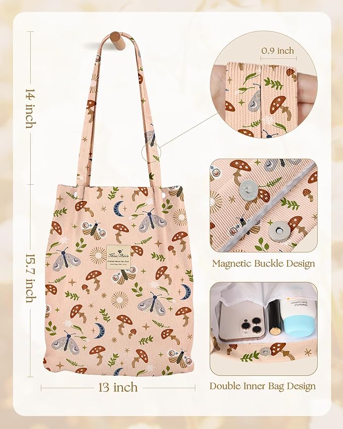 Miss Adola Corduroy Tote Bag for Women - Reusable Totes with Pocket & Buckle Cute Aesthetic Shoulder Bag for Work Travel