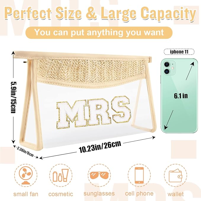Clear Makeup Letter Patch Makeup Bag MRS Pouch, Boho Clear Toiletry Bags Travel Small Cute Preppy Chenille Letter Cosmetic Zipper Pouch Purse, Waterproof Glitter Wedding Makeup Storage for Women (MRS)