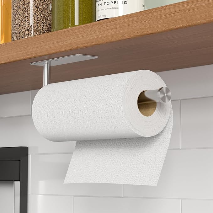 Paper Towel Holder Under Cabinet, Self-Adhesive,No Drilling, Stainless Steel, Wall-Mounted for Kitchen and Bathroom, Easy Install, Durable, Space-Saving, Ideal for Home, RV (Sliver, 1 Pack)