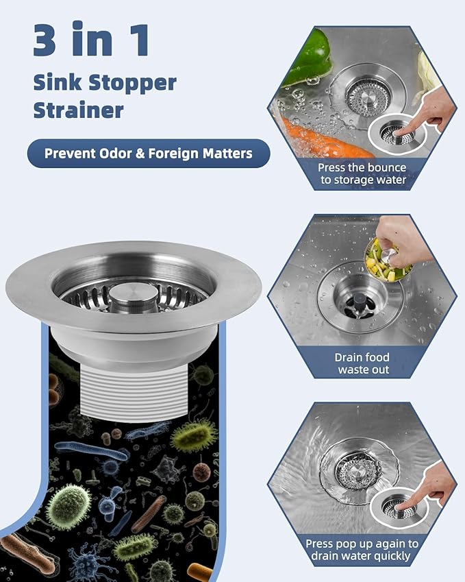 Hygie Rinse 3-in-1 Kitchen Sink Strainer Stopper Combo All Metal Stainless Pop Up Sink Drain Strainer with Handle Rod for US Standard 3-1/2 inch Drain Filter, Anti-Clog