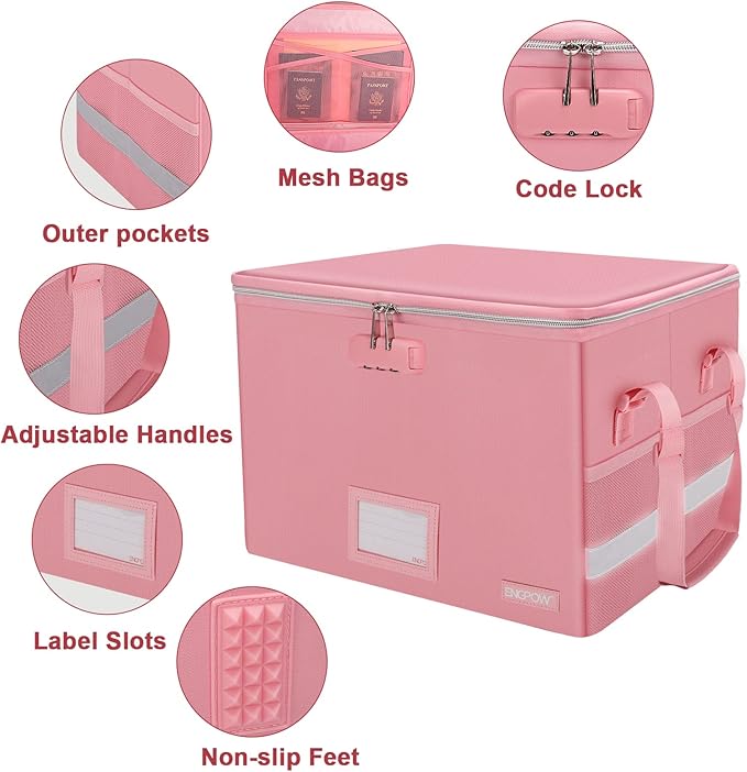 ENGPOW File Box with Lock, Fireproof Document Box with Zipper & Pockets, Collapsible File Organizer Filing Storage Cabinet with Handle, Portable Home Office Safe for Hanging Letter/Legal Folder, Pink