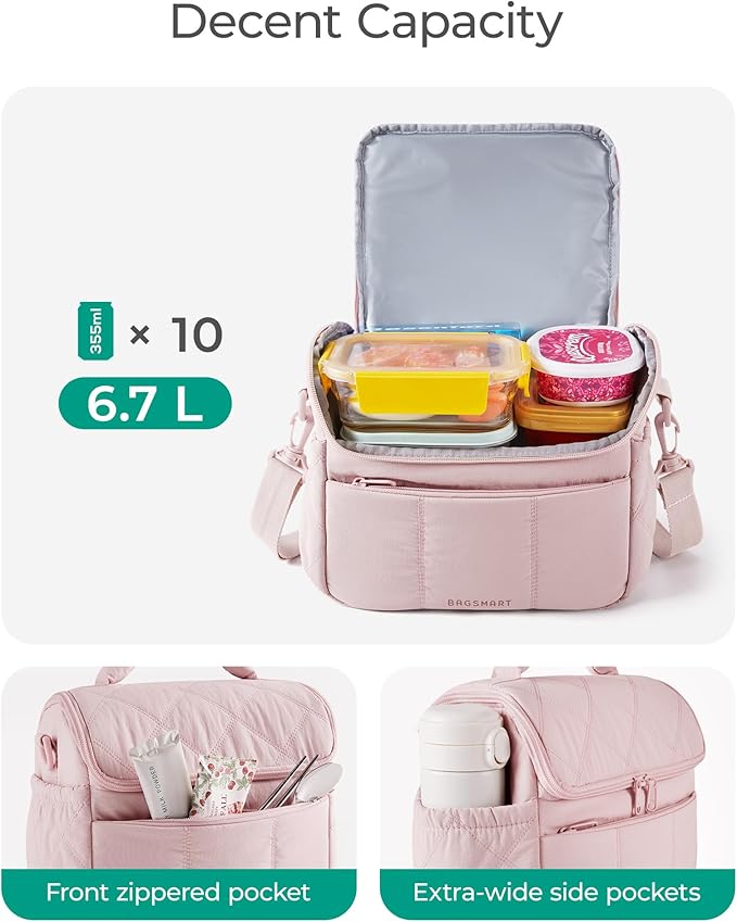 BAGSMART Insulated Lunch Bags for Women, Cute Quilted Lunch Box, Lightweight Puffy Padded Waterproof Lunch Tote, Reusable Lunch Cooler for Work Picnic Travel, Coffee Brown