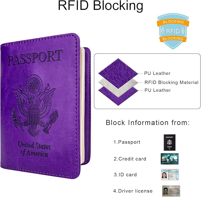 WALNEW Passport Holder for Travel, RFID Passport Cover Wallet for Women Men, PU Leather Passport Book Card Holder Case with Pen (Elastic Band Closure, A-Purple)