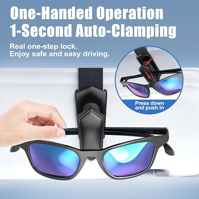Veharvim One-Handed-Operation Sunglasses Holder for Car, Visor Sunglass Holder Clip, Car Accessories Interior, Universal Fit Silicone Padded Visor Sunglass Holder Car, Unmatched Durability (4 Pack)