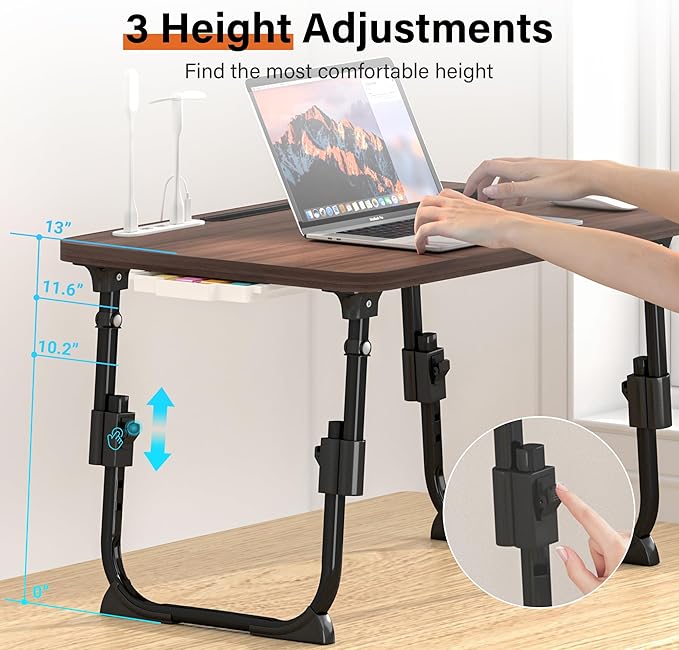 Height Adjustable Laptop Desk for Bed, Lap Bed Table with USB/Storage Drawer/Cup Holder/Tablet Stand/Book Shelf, Foldable Portable Breakfast Tray for Reading, Writing, Sofa & Floor, Walnut
