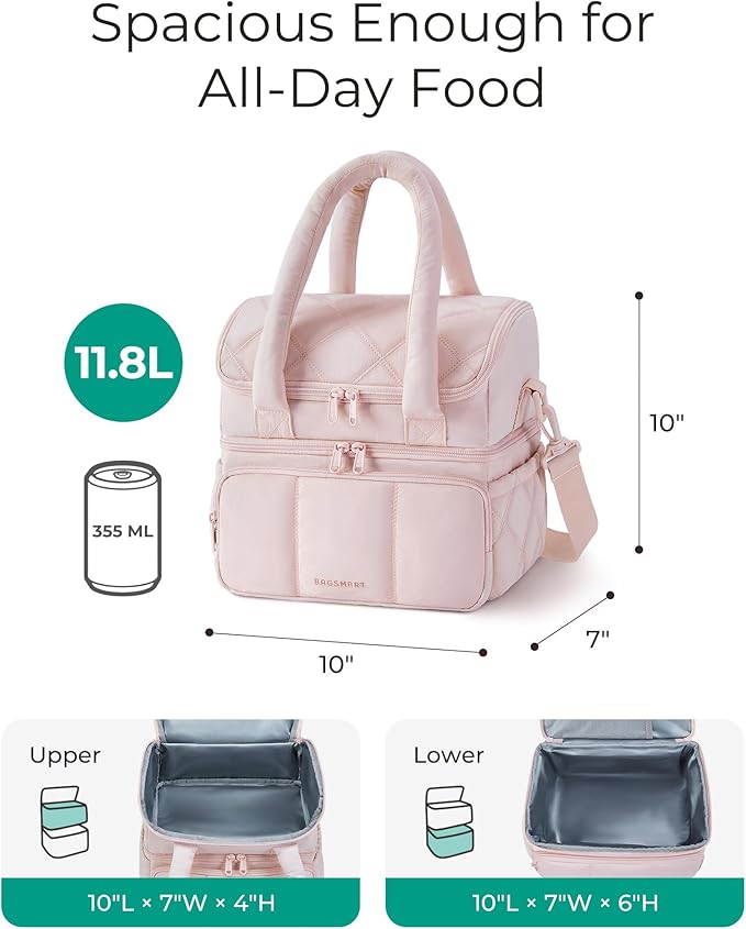 BAGSMART Lunch Bag Women, Double Deck Insulated Lunch Box, Quilted Puffer Lunch Tote, Leakproof, Durable & Reusable Large Lunch Cooler For Work Picnic Travel Meal Prep, Lavender Purple