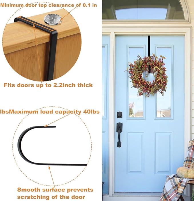 PECULA 2 Pack 14' Wreath Hangers for Front Door, Wreath Hanger 40lb Load-Bearing, Metal Wreath Hanger for Welcome Sign, Door Decorations (Black)
