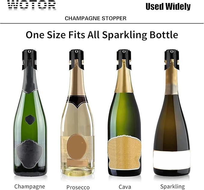 WOTOR Stainless Steel Champagne Stoppers - Champagne Bottle Stoppers with Silicone Seal, Reusable Cork & Saver, Suitable for Prosecco & Sparkling Wine, Black, 2 Pack