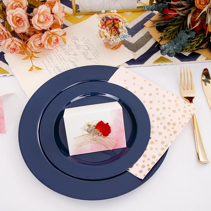 FLOWERCAT 60PCS Blue Plastic Plates - Heavy Duty Blue Disposable Plates (10.25" & 7.5") - Serves 30 Guests for Birthday Parties/Weddings/Presidents' Day/Memorial Day/Hanukkah
