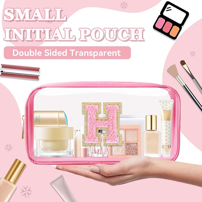 Small Clear Personalized Initial Makeup Bag,Nylon Preppy A-Z Chenille Letter Patch Cosmetic Pouch Beach Toiletry Bag,Waterproof Zipper Travel Purse Storage Bag Organizer for Women Girls(Pink-Pink H)