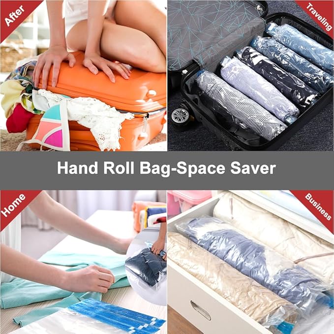 Compression Bags - Travel Essentials 12 Pack Space Saver No Vacuum or Pump Needed Storage Accessorie and Home Packing Organizers (transparent)