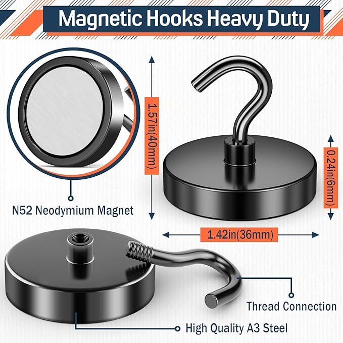 FINDMAG Black Magnetic Hooks for Classroom, 150lbs Magnetic Hooks for Cruise Cabins, Refrigerator, Whiteboard Magnets for Beach Vacation Essentials, Cubicle Accessories, Kitchen Accessories, 6 Pack