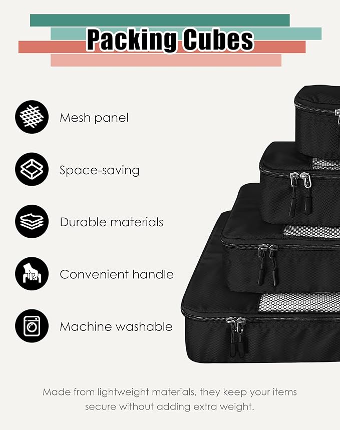 4-Piece Packing Cubes Travel Accessories Set for Suitcases - Luggage Organizer Bags with Double Zipper - Mesh Top - Small/Medium/Large/Slim - Black
