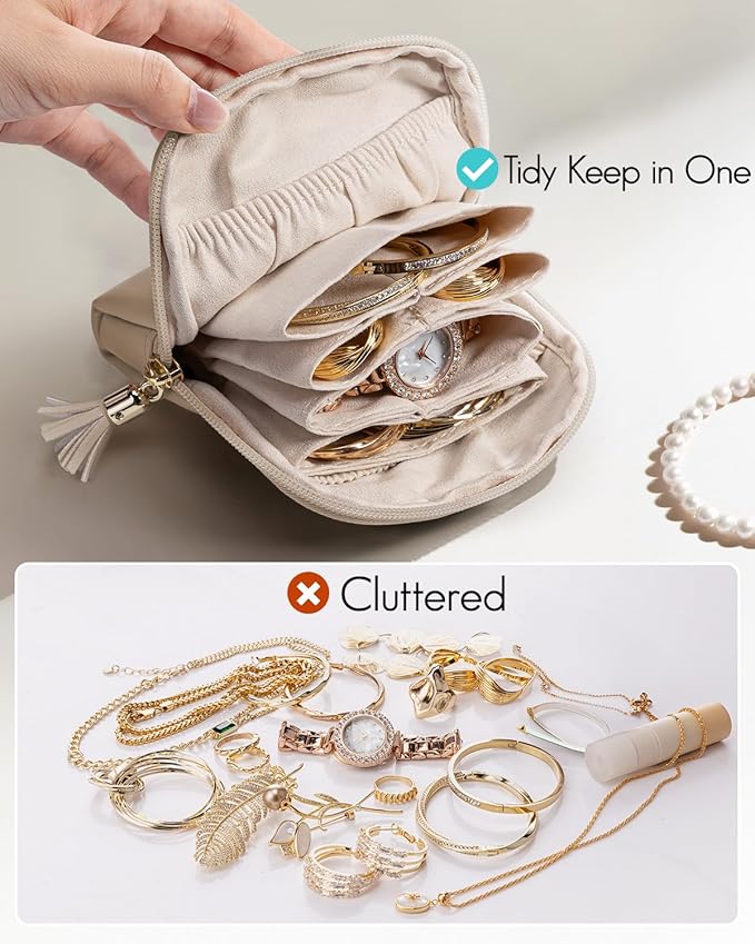 Vlando Small Jewelry Travel Case, Jewelry Pouch Bags with Zipper, Velvet Jewelry Organizer Storage Bag for Bracelet Rings Earring Travel Essentials Gifts for Women Girl-Toffee