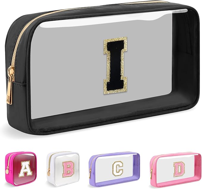 Small Clear Personalized Initial Makeup Bag,Nylon Preppy A-Z Chenille Letter Patch Cosmetic Pouch Beach Toiletry Bag,Waterproof Zipper Travel Purse Storage Bag Organizer for Women Girls(Black-Black I)