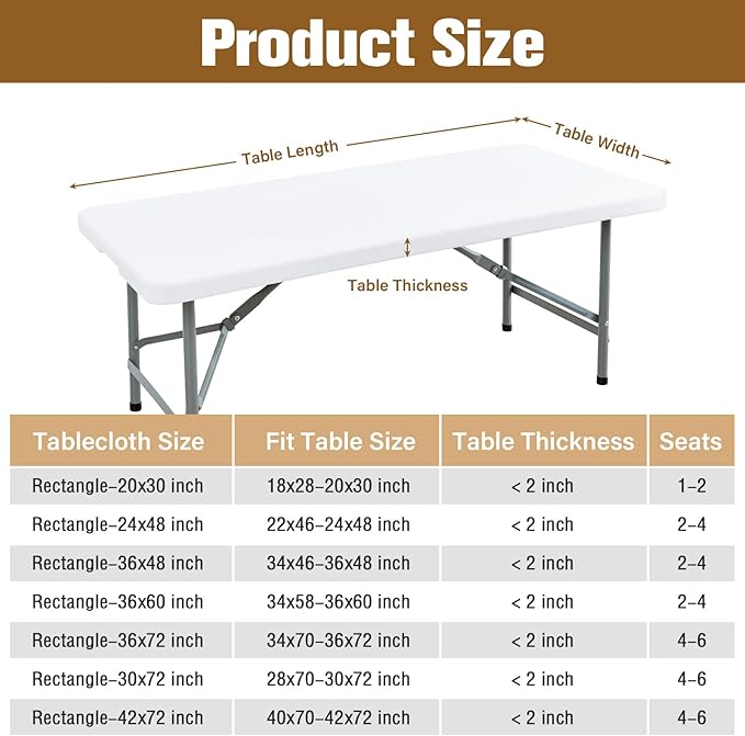 Fitted Rectangle Tablecloth 24 x 48 Inch Elastic Table Cloth for 4ft Table, Stretch Spandex Tables Cover White Washable Polyester Tables Top Cap Cover for Dining Picnic Camping Indoor and Outdoor