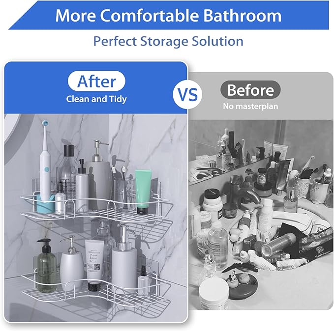 Corner Shower Caddy, 2 Pack Adhesive Shower Corner Organizer Shelves, No Drilling Stainless Steel Shower Storage Rack for Bathroom, Dorm and Kitchen, White