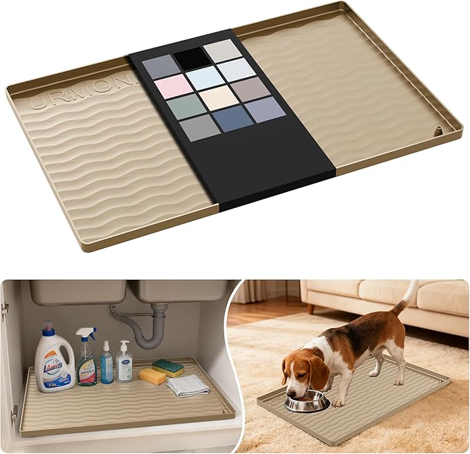 URMONA Waterproof Silicone Under Sink Mat 22'' x 14'' Shelf Liner for Kitchen and Bathroom, Cabinet and Counter Protector, Storage and Organizers, Litter Mat, Pet Cat Puppy Essentials (Khaki)
