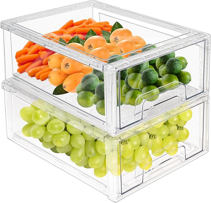 MANO 2 Pack Clear Fridge Drawers, Pull Out Stackable Refrigerator Drawer Organizer Bins, Pantry Storage Box Plastic Food Containers for Kitchen Bathroom Office Closet (2 Pack Large)