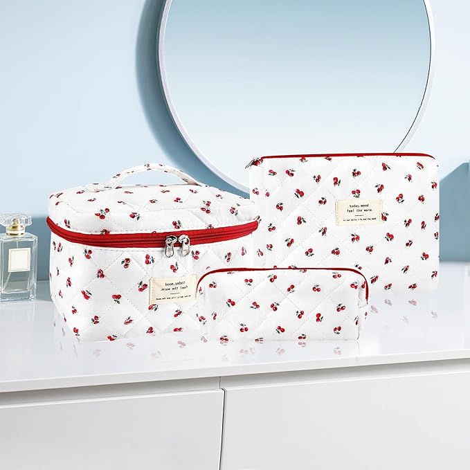 3Pc Cotton Quilted Makeup Bag for Women Extra Large Coquette Small Floral Travel Cosmetic Bag Set Cute Cherry Makeup Pouch Portable Toiletry Bag Organizer Vintage Puffy Essential Storage Bag