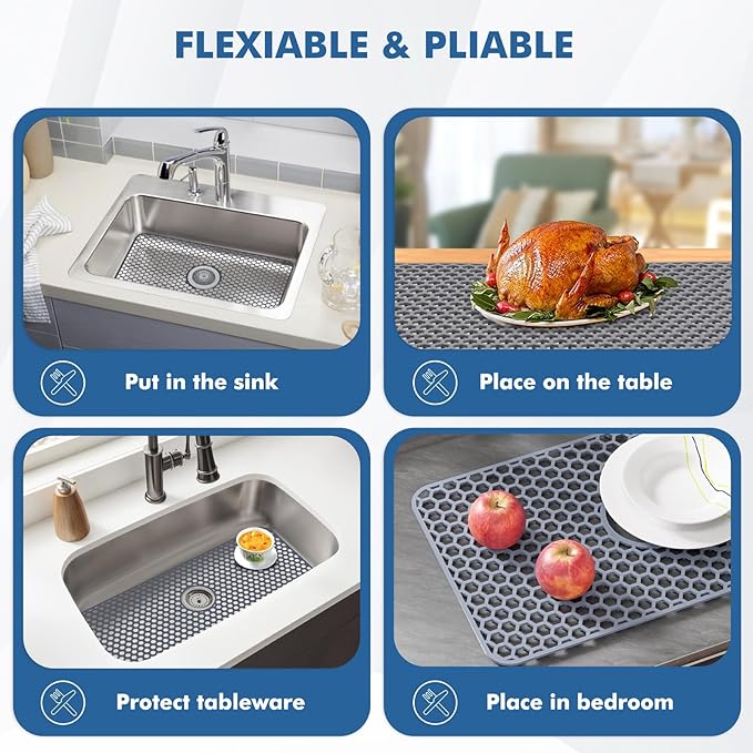 Silicone Sink Protectors for Kitchen Sink with Center Drain - 29.7"x 15.5" Kitchen Protector Accessory, Non-Slip Heat Resistant Mat for Bottom of Farmhouse Stainless Steel Porcelain (Gray)
