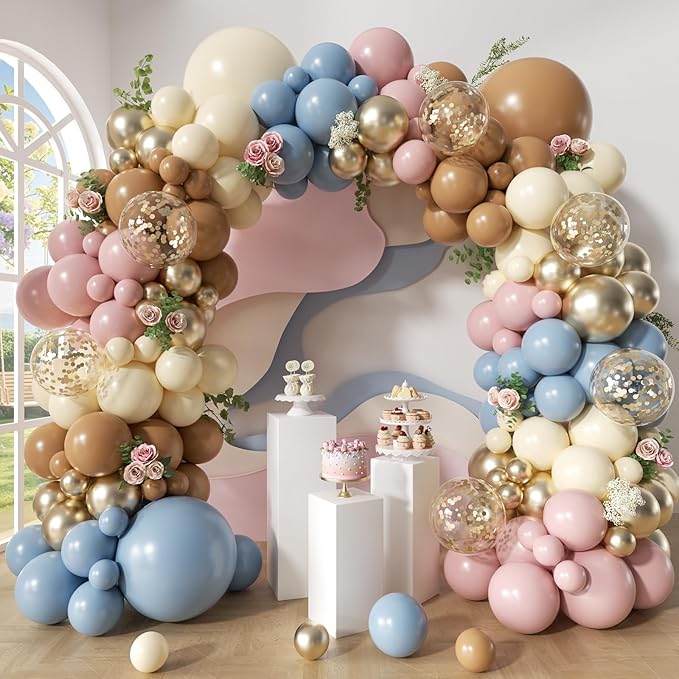 Woaipati 148Pcs Dusty Pink Blue Brown Yellow Balloon Arch Garland Kit, Retro Pink Dusty Blue Brown Pastel Yellow Gold Confetti Balloons for Baby Shower Wedding Engagement Birthday Party Decorations